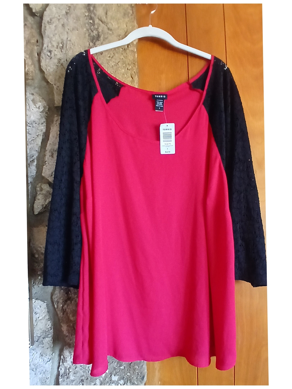 torrid Red Scoop Neck Tunic with Black Lace Raglan Sleeves